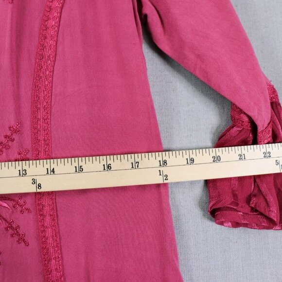 BFA Classic Embroidered Button Front Dress M Boho Fuchsia Rayon Midi Tie Back - Picture 16 of 16